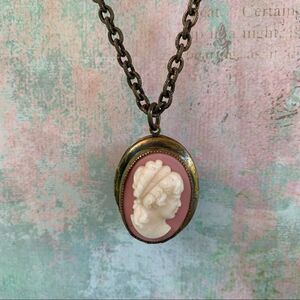 Hand Crafted Vintage Pink & White Locket with Brass Chain 26 inches..